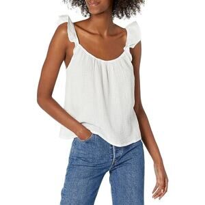 NWT Monrow 100% Cotton Ruffle Sleeve Scoop Neck Tank Top White Women's Size S